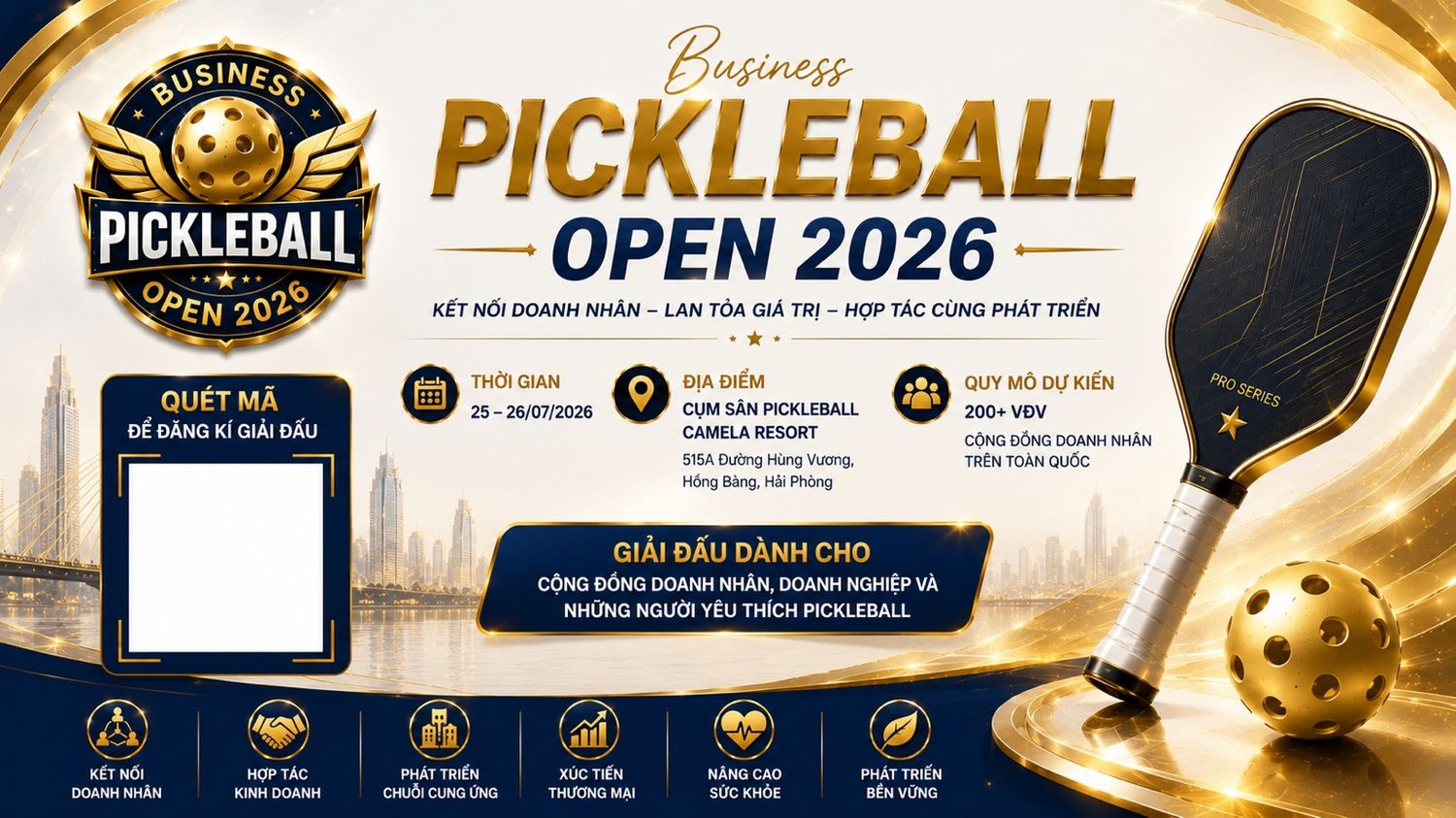 Poster chính thức Business Pickleball Open 2026 — Camela Hotel & Resort, Hải Phòng